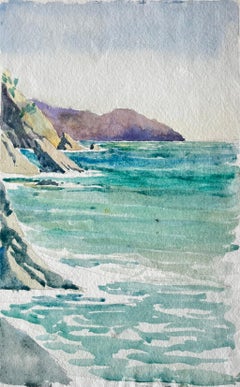French Coastal Cliffs Seascape Beach Ocean Watercolor Sketch