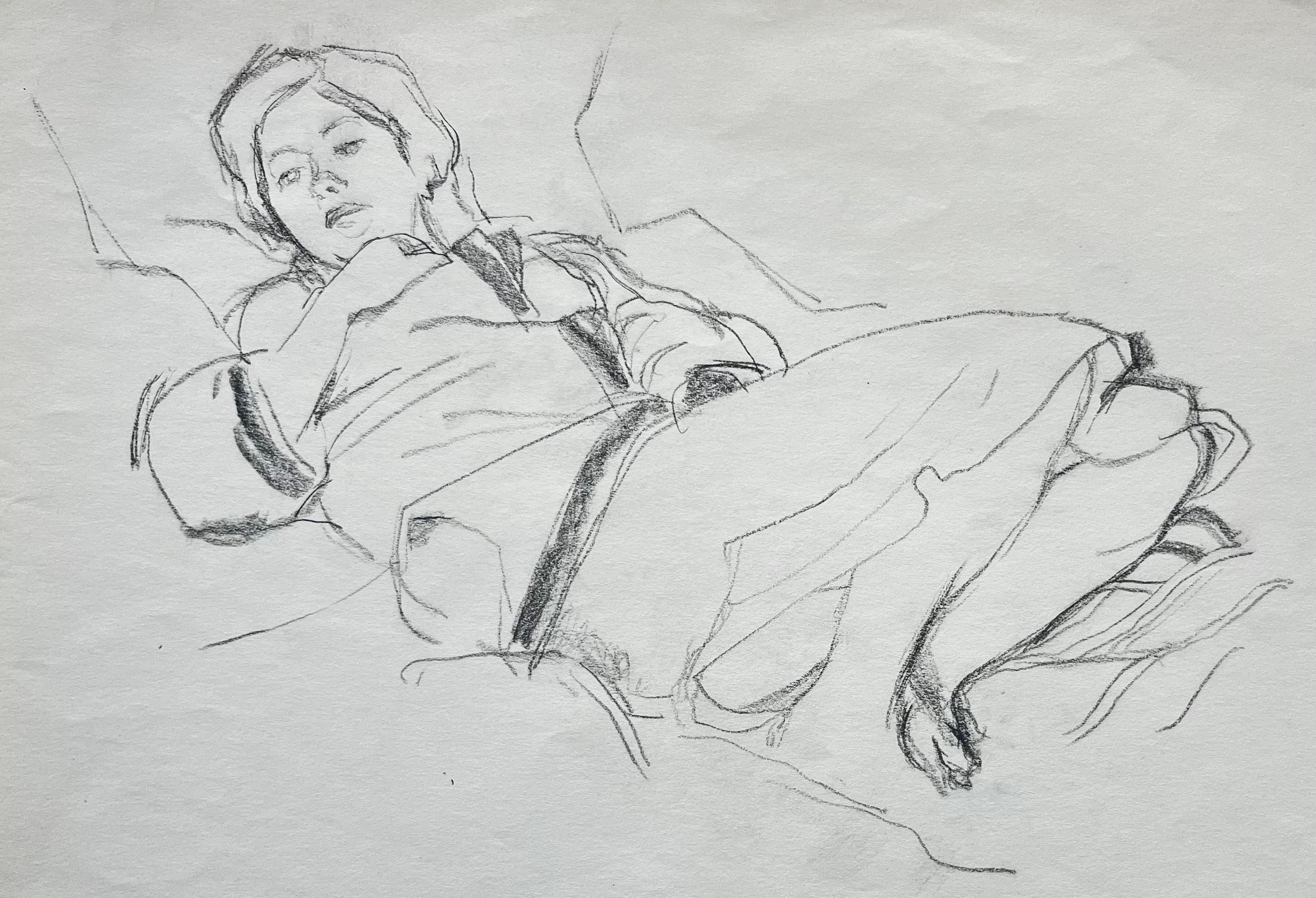 French School Mid 20th Century Figurative Painting - Reclining Female Figure Life Study Charcoal Drawing French Academic Paper