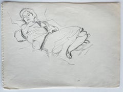 Reclining Female Figure Life Study Charcoal Drawing French Academic Paper