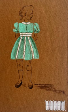 Girl in Green Dress Vintage Style Figure Gouache Painting Brown Paper
