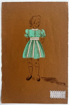 Girl in Green Dress Vintage Style Figure Gouache Painting Brown Paper