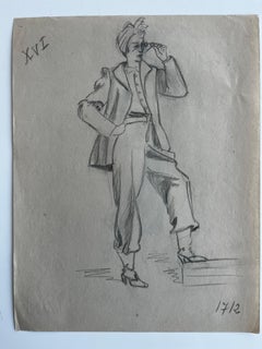 Double Sided Fashion Figure with Telescope Graphite Drawing French Paper