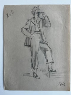 Double Sided Fashion Figure with Telescope Graphite Drawing French Paper