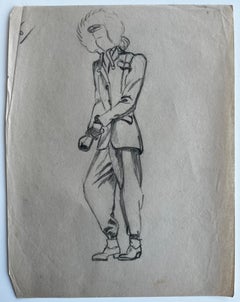 Stylised Standing Figure Study Graphite Pencil Drawing French Paper