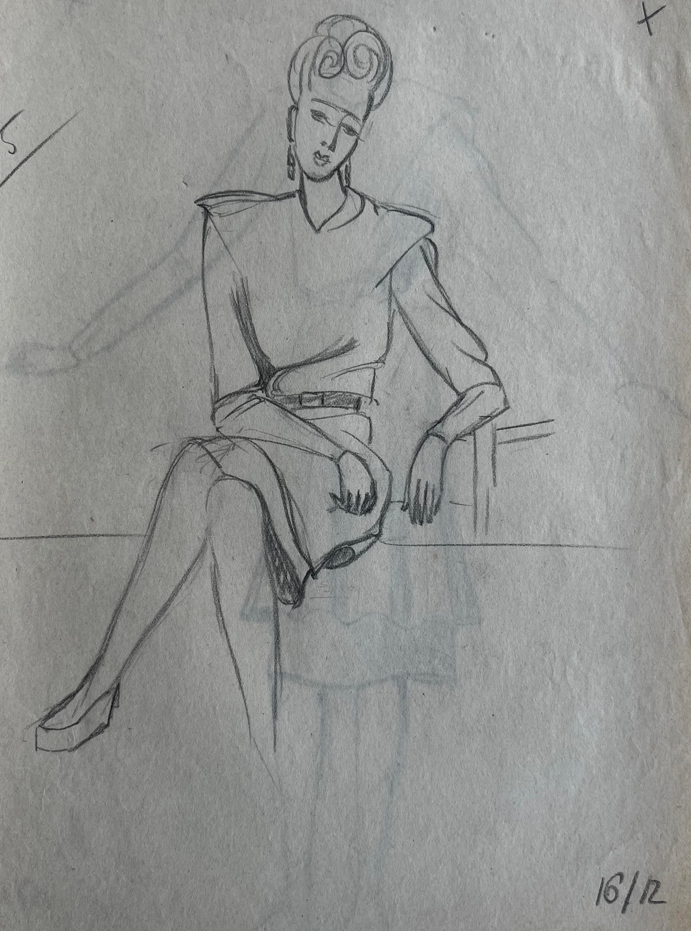 Double Sided Seated Female Figure Study Graphite Pencil Drawing French Paper