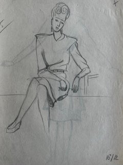 Double Sided Seated Female Figure Study Graphite Pencil Drawing French Paper