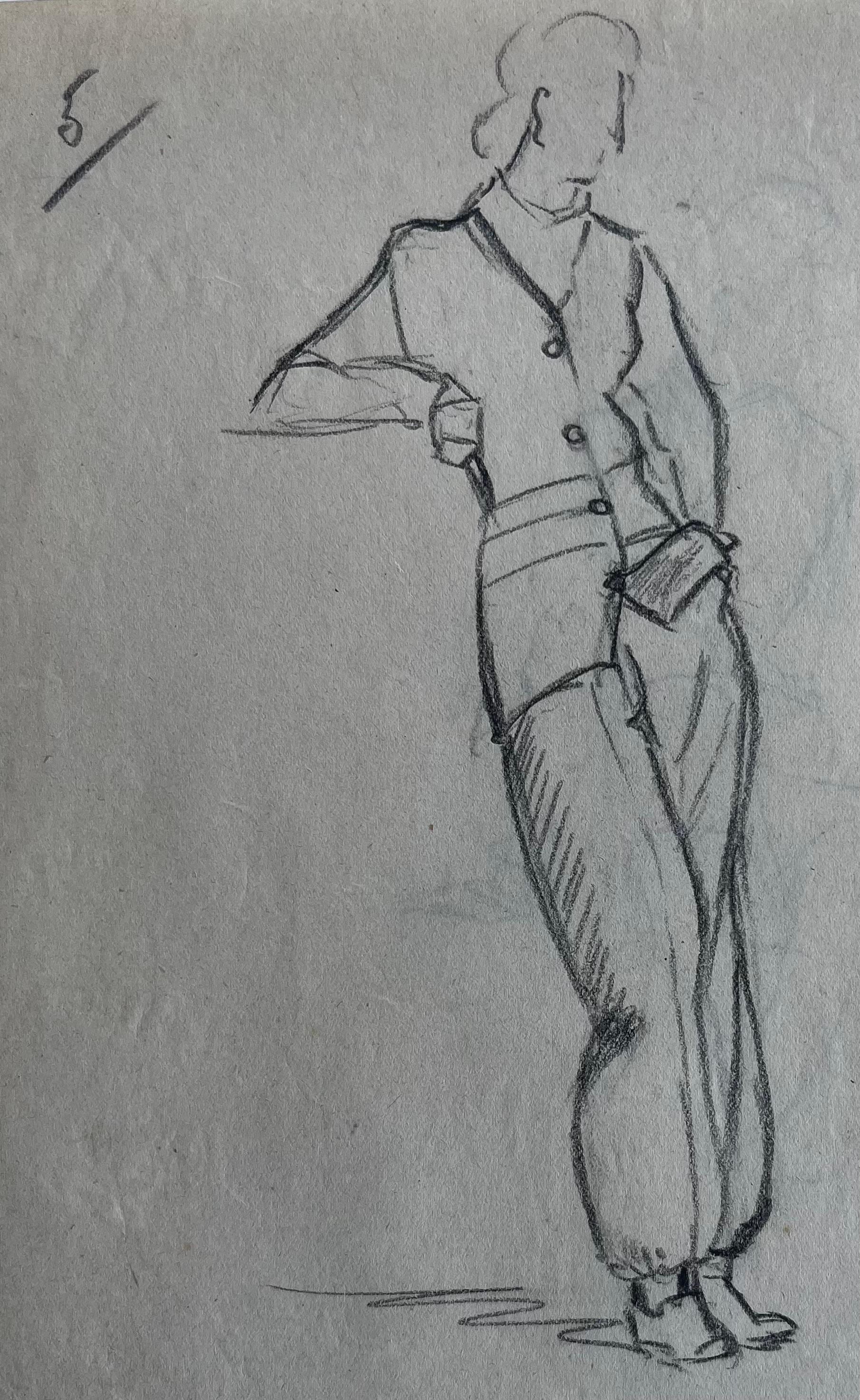 French School Mid 20th Century Figurative Art - Double Sided Standing and Seated Figure Studies Graphite Drawing French Paper