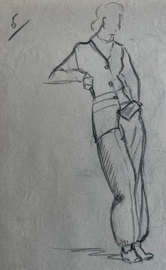 Double Sided Standing and Seated Figure Studies Graphite Drawing French Paper