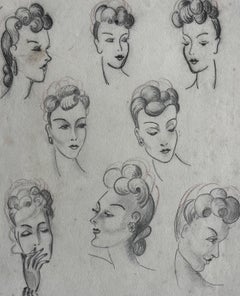 French Fashion Illustration Female Head Studies Graphite Drawing Sheet
