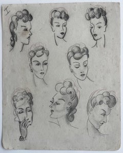 French Fashion Illustration Female Head Studies Graphite Drawing Sheet