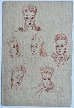 Double Sided French Fashion Illustration Head Studies Red Pencil and Graphite