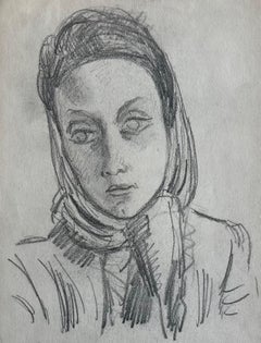 French Portrait Study Female Headscarf Graphite Drawing on Paper