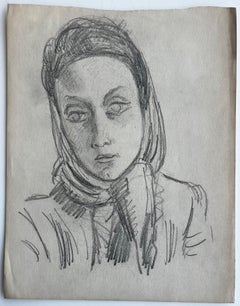 French Portrait Study Female Headscarf Graphite Drawing on Paper