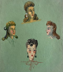 French Art Deco Style Female Portrait Studies Gouache and Ink on Green Paper