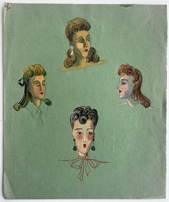 French Art Deco Style Female Portrait Studies Gouache and Ink on Green Paper