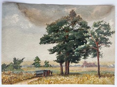 Countryside Track with Cart and Pine Trees Watercolour