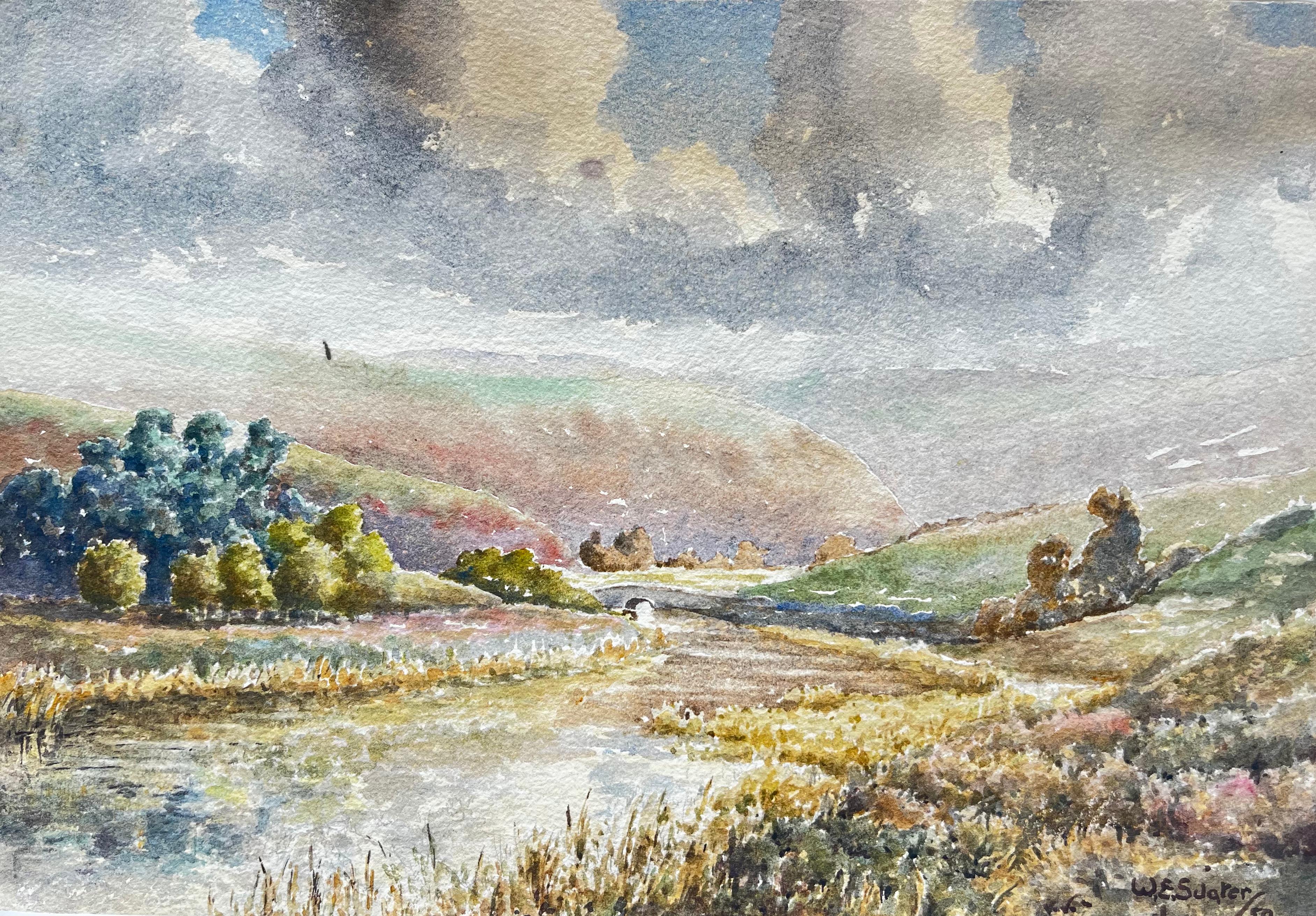 English Countryside River Landscape Bridge Trees Watercolor Painting