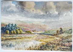 English Countryside River Landscape Bridge Trees Watercolor Painting