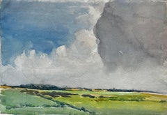 British Countryside Landscape Dramatic Sky Green Fields Watercolor Painting