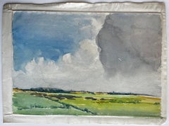 British Countryside Landscape Dramatic Sky Green Fields Watercolor Painting