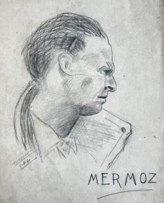 Jean Mermoz French Aviator Pilot Portrait Pencil Drawing 1940