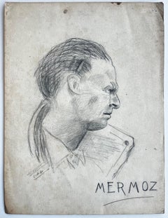 Jean Mermoz French Aviator Pilot Portrait Pencil Drawing 1940