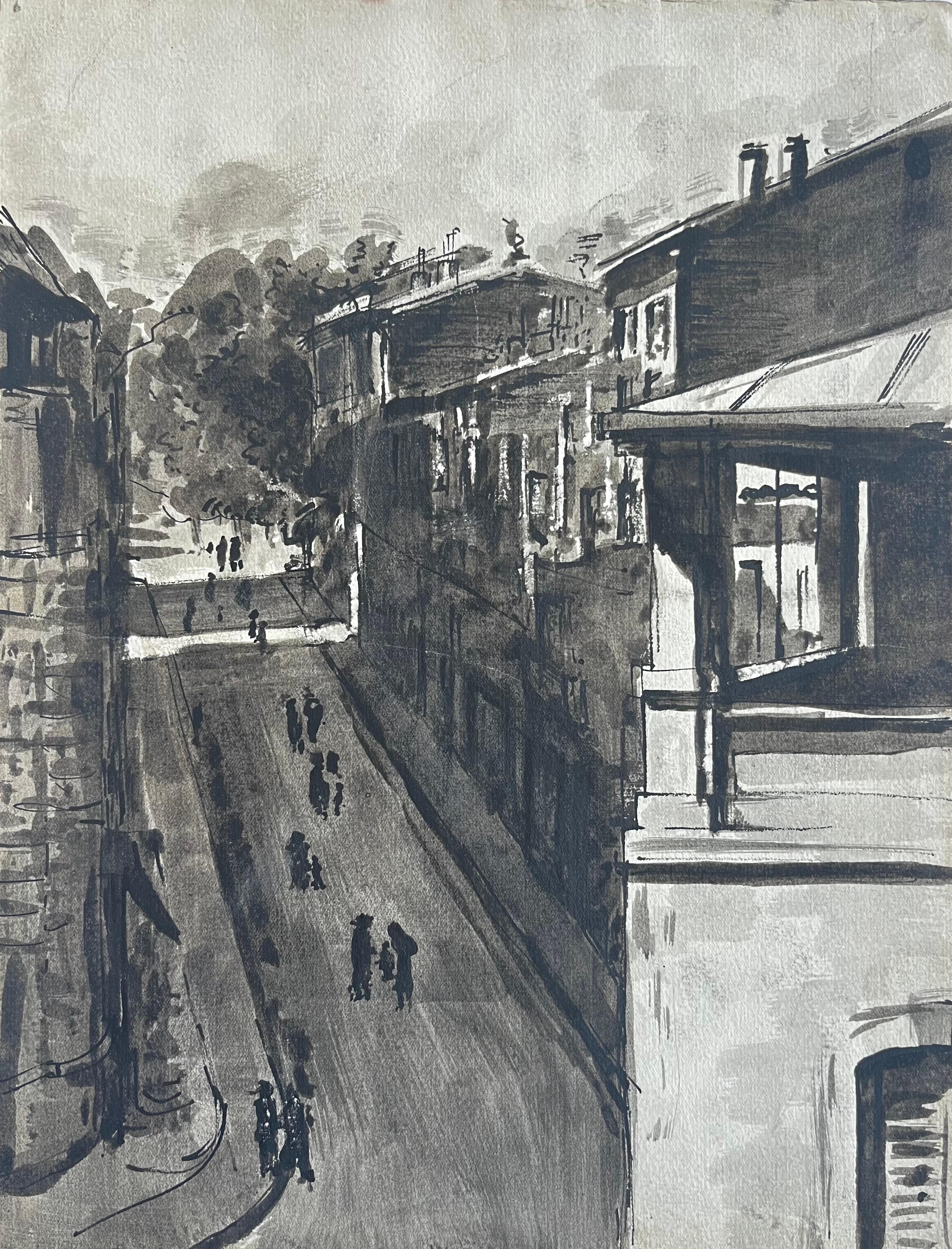 French Town Street Village Rooftops Ink Wash Double Sided Drawing