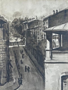 French Town Street Village Rooftops Ink Wash Double Sided Drawing