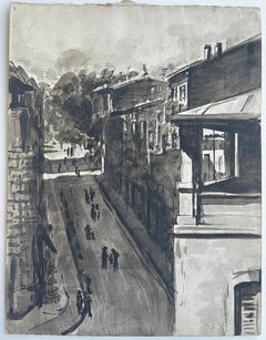 French Town Street Village Rooftops Ink Wash Double Sided Drawing
