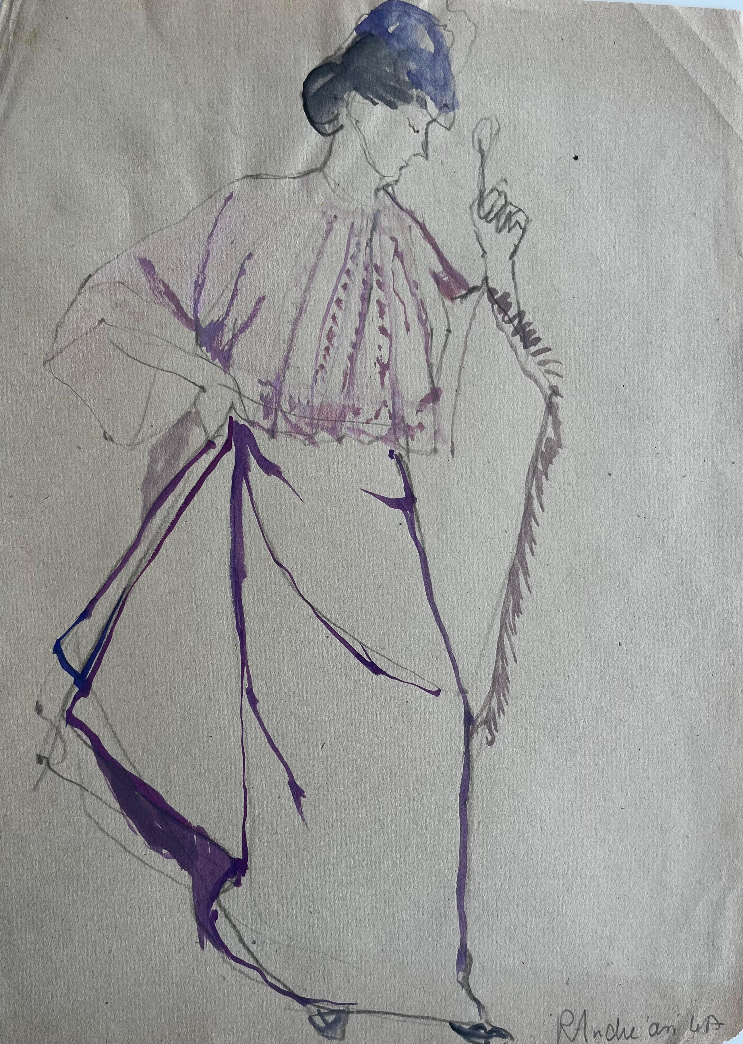 Disegno ad acquerello di un abito viola da donna in stile moda francese