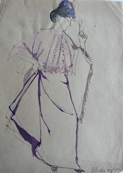 Diseño de vestuario de moda francesa: dibujo en acuarela de un vestido morado de mujer