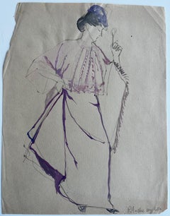 Diseño de vestuario de moda francesa: dibujo en acuarela de un vestido morado de mujer