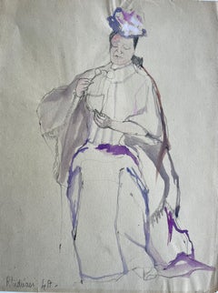 Dibujo en acuarela de una mujer sentada con sombrero morado, diseño de vestuario francés
