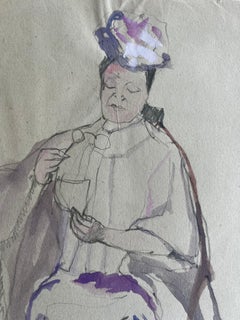 Dibujo en acuarela de una mujer sentada con sombrero morado, diseño de vestuario francés