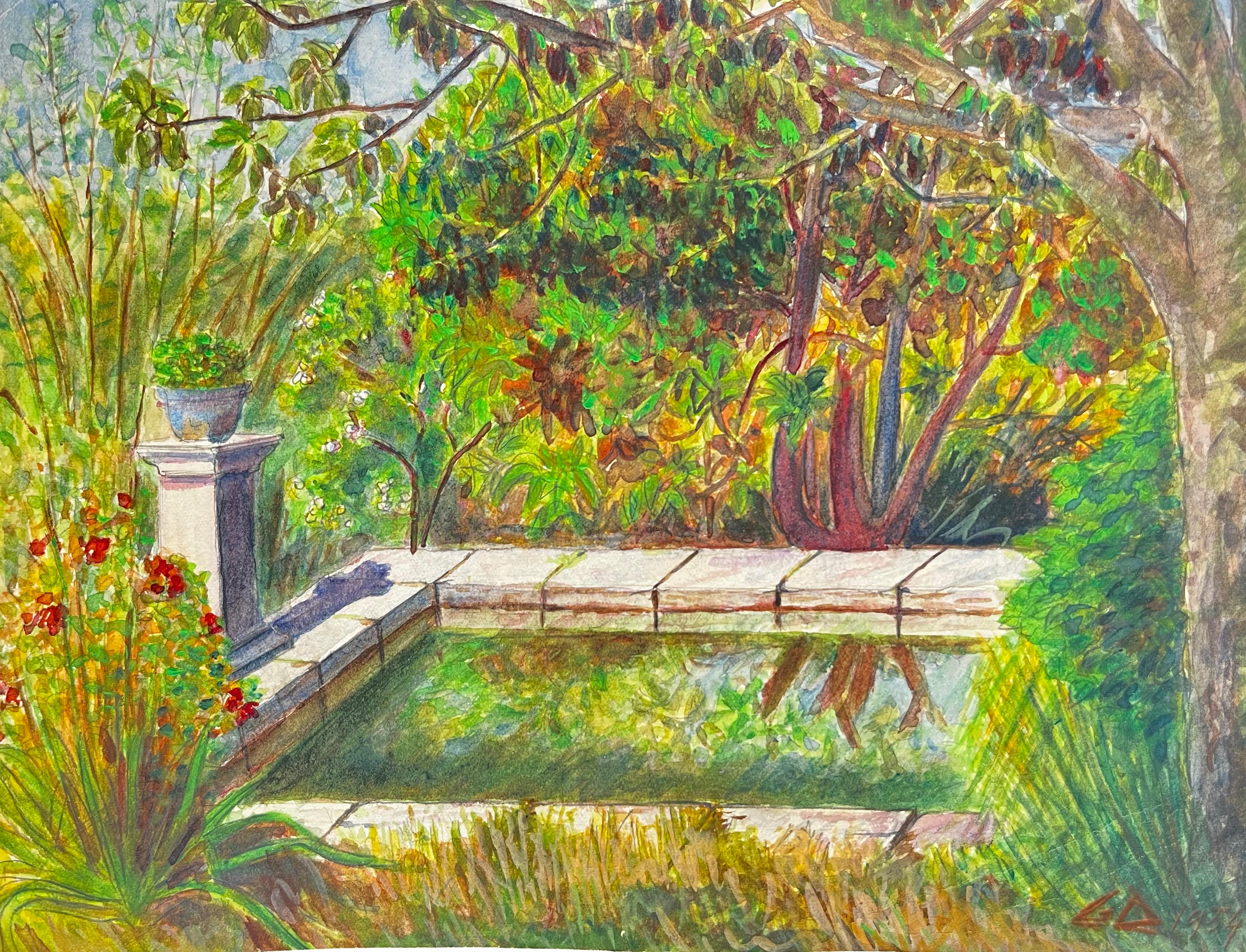 French School Mid 20th Century Landscape Art - Mediterranean Garden Pool Terrace Watercolour Colourful Botanical Painting