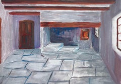 Cuadro en acuarela y gouache de vigas y chimenea en una habitación de estilo francés