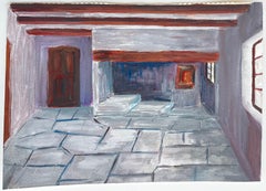 Cuadro en acuarela y gouache de vigas y chimenea en una habitación de estilo francés