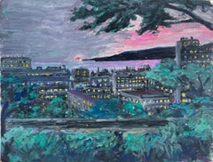 French Urban Night Cityscape Rooftops Pink Sky Gouache Painting