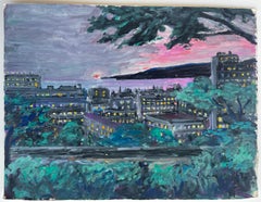 French Urban Night Cityscape Rooftops Pink Sky Gouache Painting
