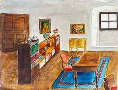 French Library Study Interior Desk Bookshelves Watercolour Painting