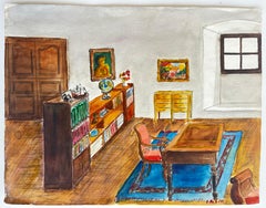 French Library Study Interior Desk Bookshelves Watercolour Painting