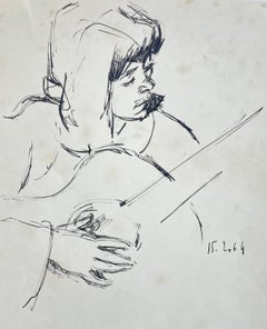 French Woman Artist Portrait Pen Ink Drawing Figurative Sketch 1964