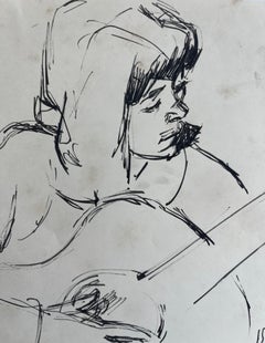 French Woman Artist Portrait Pen Ink Drawing Figurative Sketch 1964