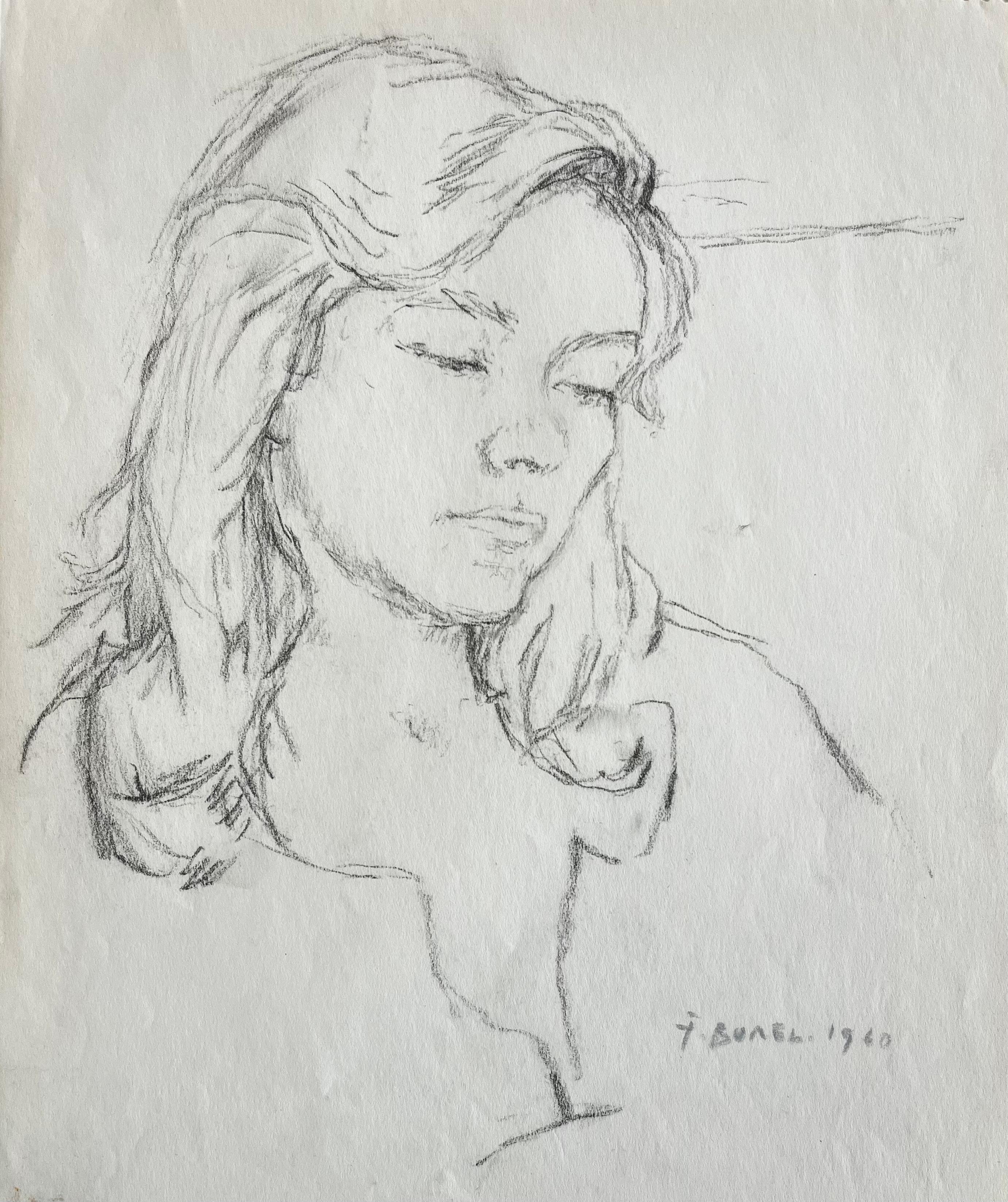 Ritratto femminile francese a matita – Studio di testa di donna – Schizzo del 1960