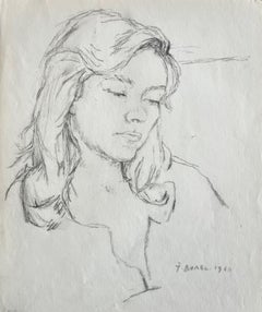 Dibujo a lápiz de un retrato femenino francés. Estudio de una cabeza de mujer. Boceto de 1960