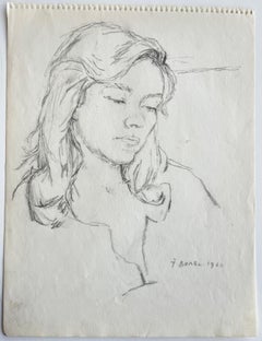 Dibujo a lápiz de un retrato femenino francés. Estudio de una cabeza de mujer. Boceto de 1960