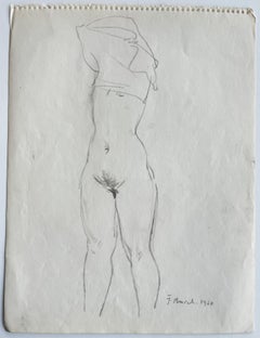 French Female Nude Standing Figure Pencil Drawing Life Study 1960