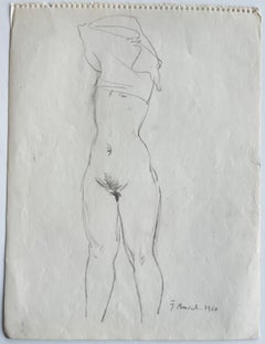 French Female Nude Standing Figure Pencil Drawing Life Study 1960
