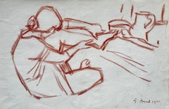 French Seated Woman Red Chalk Drawing Figurative Interior Study 1960