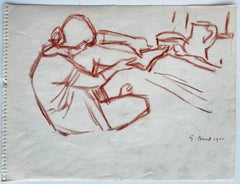 French Seated Woman Red Chalk Drawing Figurative Interior Study 1960
